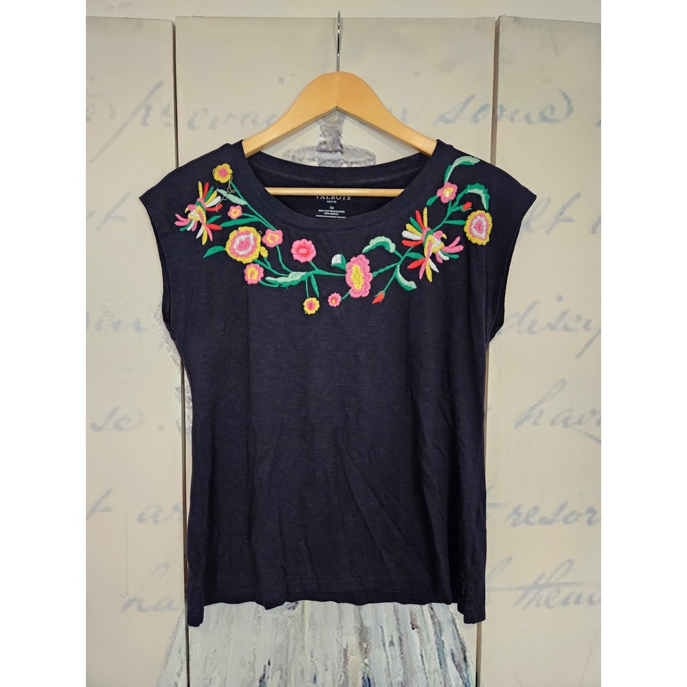 Talbots Embroidered Floral Top Size Sp Navy Blue Cottagecore Boho Cap Sleeve